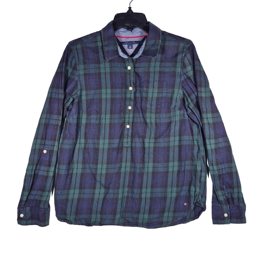 Tommy Hilfiger Blue Green Plaid Flannel Half Button Womens size Large